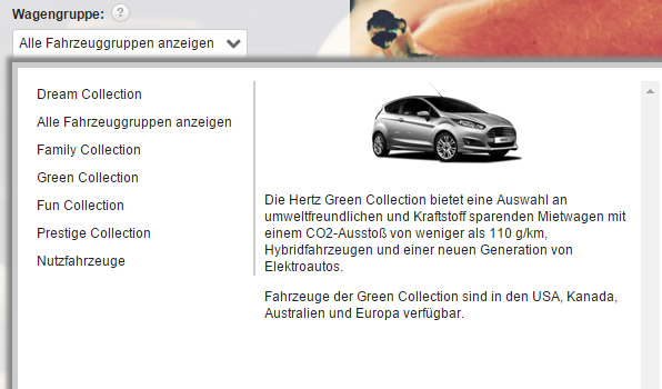 Hertz Autovermietung - Wagengruppe wählen