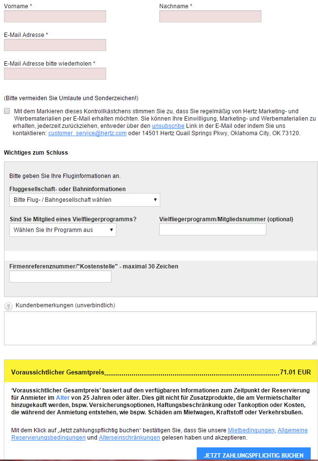 Hertz Autovermietung - persönliche Daten eingeben