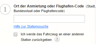 Hertz Autovermietung - Ort der Anmietung angeben